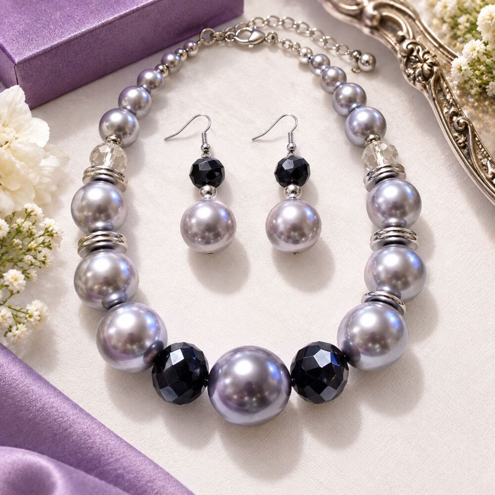 Gray Faux Pearl And Faceted Chunky Bead Chunky Necklace Earring Set NIB